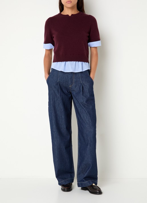 Claudie Pierlot Fijngebreide trui van wol met blouse-inzet - voorkant 2 aubergine