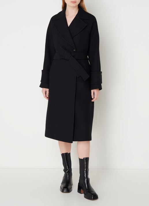 Claudie Pierlot Gama double-breasted mantel in wolblend met strikceintuur