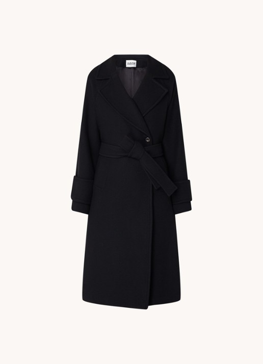 Claudie Pierlot Gama double-breasted mantel in wolblend met strikceintuur - voorkant 2 zwart