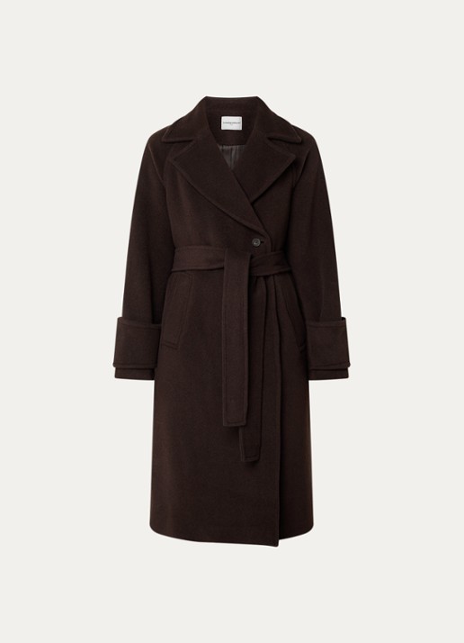 Claudie Pierlot Gama mantel in wolblend met strikceintuur - voorkant 3 donkerbruin