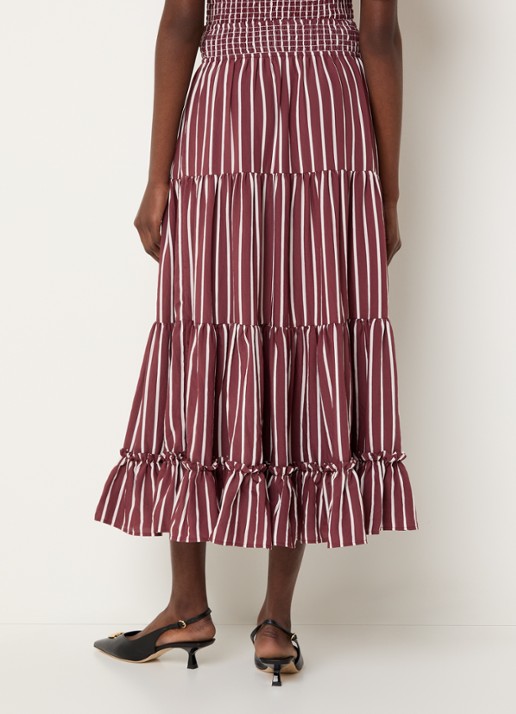 Claudie Pierlot Gelaagde midi rok met streepprint en smockwerk - achterkant bordeauxrood