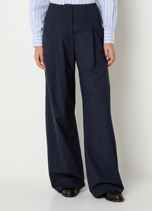 Claudie Pierlot High waist loose fit pantalon in wolblend met krijtstreep - detail 2 donkerblauw