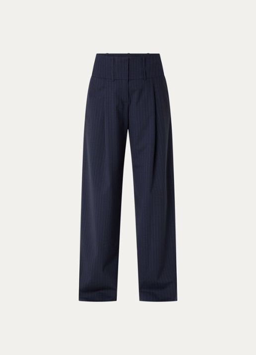 Claudie Pierlot High waist loose fit pantalon in wolblend met krijtstreep - voorkant 3 donkerblauw