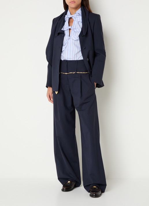 Claudie Pierlot High waist loose fit pantalon in wolblend met krijtstreep - voorkant 4 donkerblauw