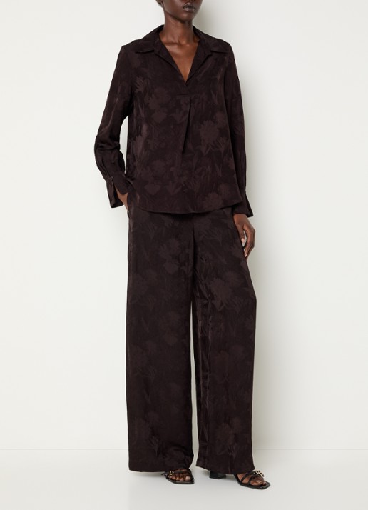 Claudie Pierlot High waist wide fit broek met print - voorkant 4 donkerbruin