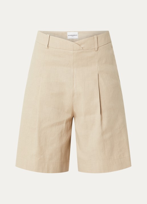 Claudie Pierlot High waist wide fit korte broek in linnenblend met steekzakken - voorkant beige