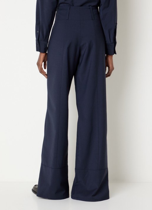 Claudie Pierlot High waist wide fit pantalon in wolblend met knoopdetail - achterkant 4 donkerblauw