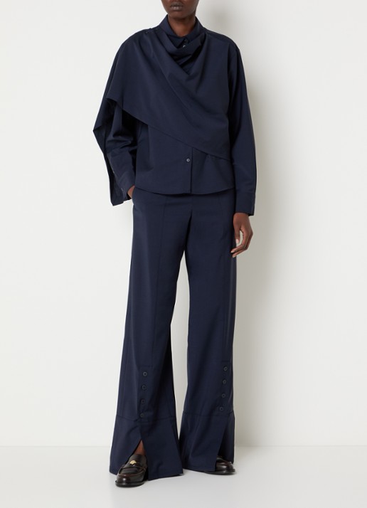 Claudie Pierlot High waist wide fit pantalon in wolblend met knoopdetail - voorkant 2 donkerblauw