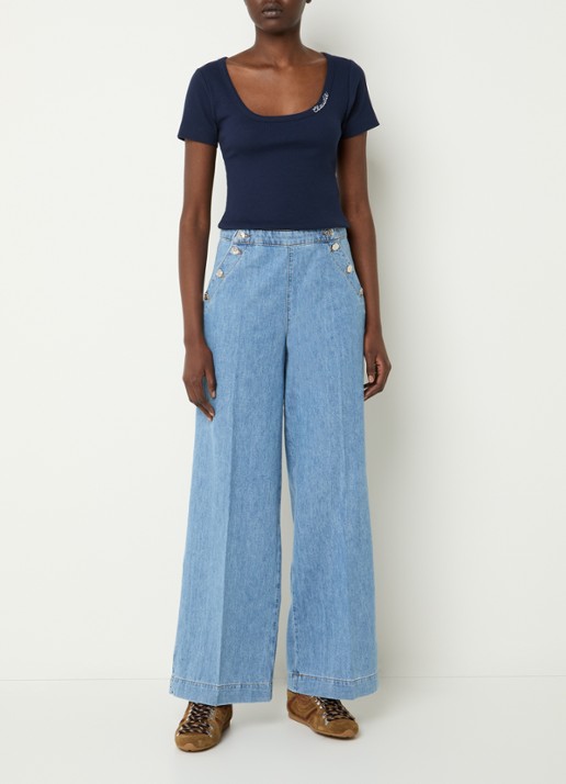 Claudie Pierlot High waist wide leg jeans met lichte wassing - voorkant 2 lichtblauw