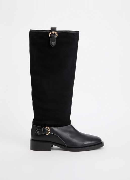 Claudie Pierlot Laars van kalfssuède met details van kalfsleer en gespdetail - voorkant 4 zwart