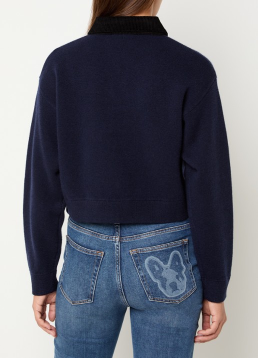 Claudie Pierlot Mamamia fijngebreid cropped vest in wolblend met details van corduroy - achterkant donkerblauw