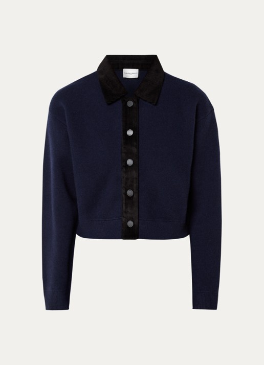 Claudie Pierlot Mamamia fijngebreid cropped vest in wolblend met details van corduroy - voorkant 2 donkerblauw