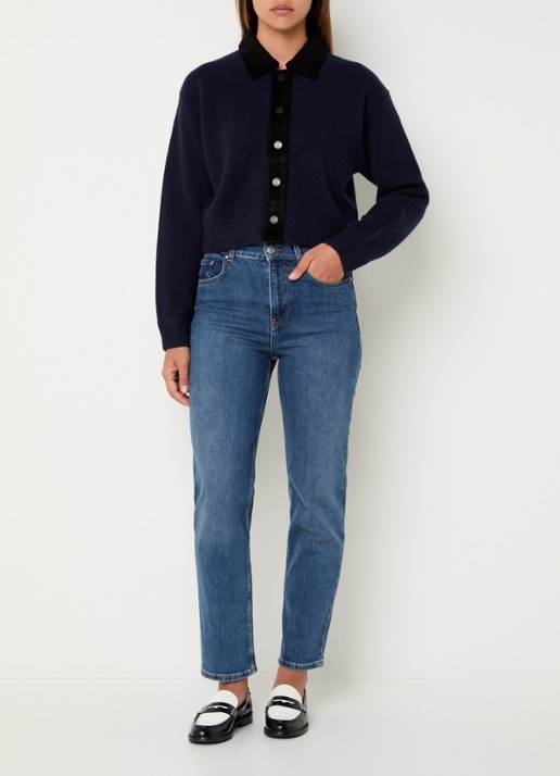 Claudie Pierlot Mamamia fijngebreid cropped vest in wolblend met details van corduroy - voorkant 3 donkerblauw