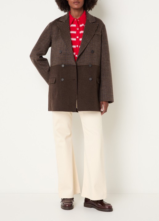Claudie Pierlot Mantel in wolblend met pied-de-poule dessin - voorkant 4 camel