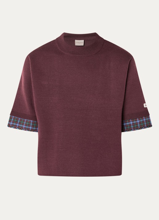 Claudie Pierlot Marayure fijngebreide T-shirt in wolblend met ronde hals - voorkant aubergine