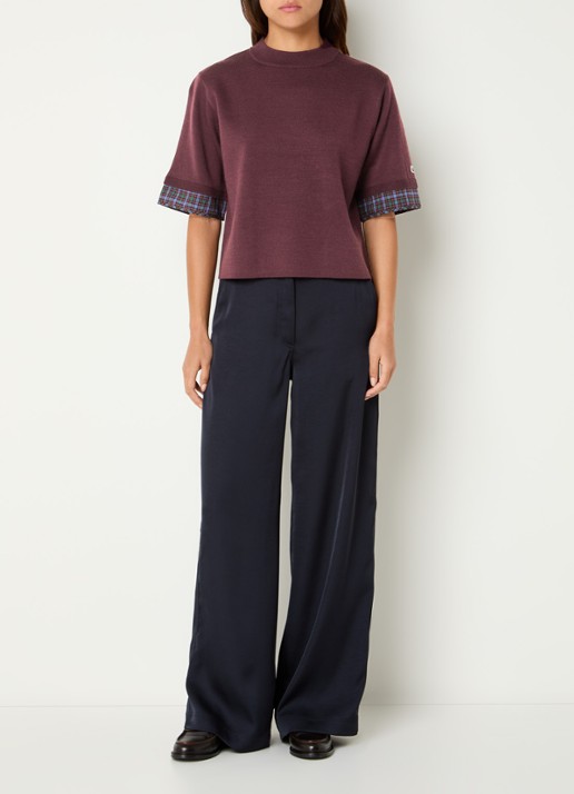 Claudie Pierlot Marayure fijngebreide T-shirt in wolblend met ronde hals - voorkant 2 aubergine