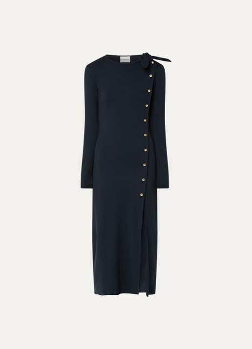 Claudie Pierlot Marceau ribgebreide midi jurk met split en strikdetail - voorkant 2 donkerblauw