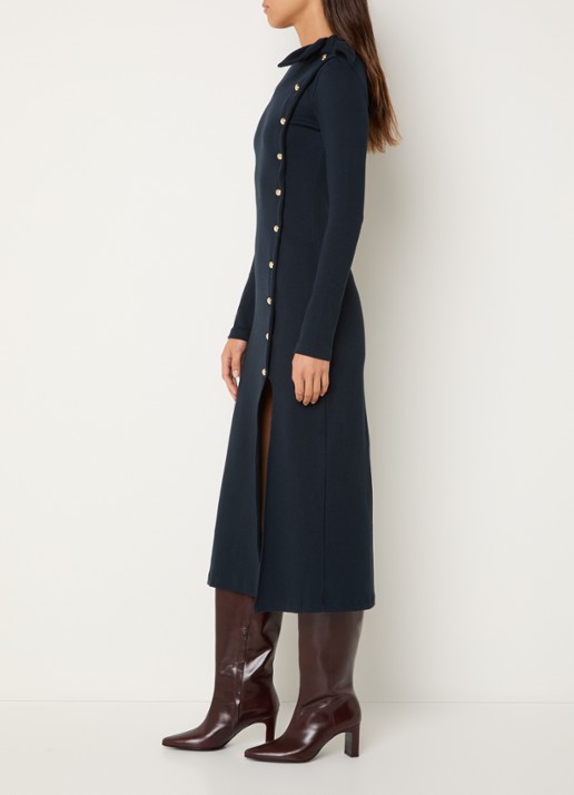 Claudie Pierlot Marceau ribgebreide midi jurk met split en strikdetail - voorkant 3 donkerblauw