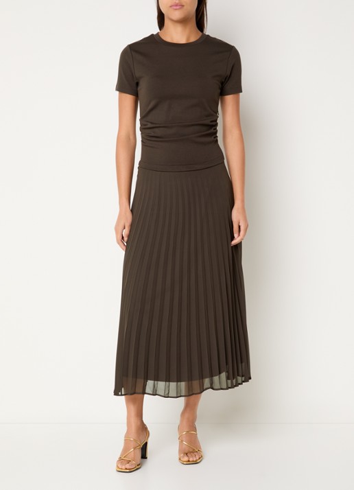 Claudie Pierlot Maxi jurk met plissé - detail donkerbruin