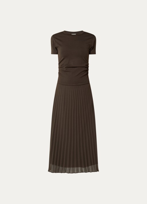 Claudie Pierlot Maxi jurk met plissé - voorkant 2 donkerbruin