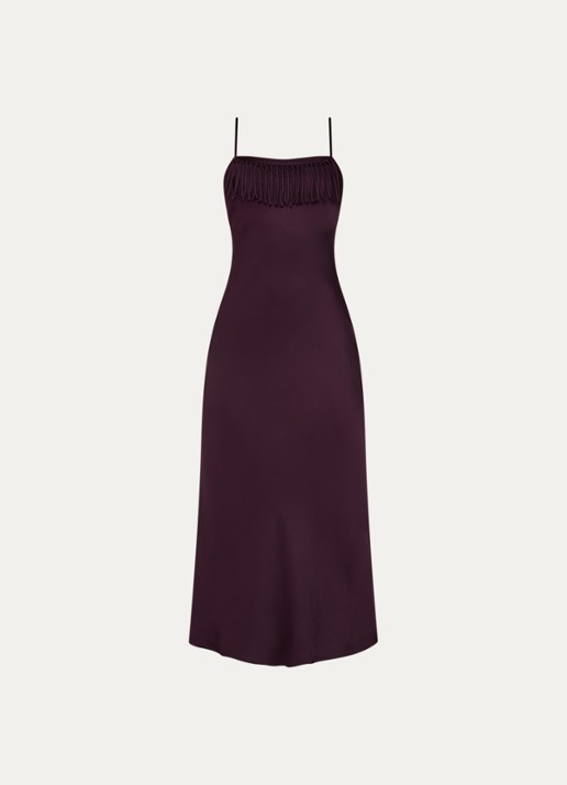 Claudie Pierlot Maxi jurk van satijn met franjes - voorkant aubergine