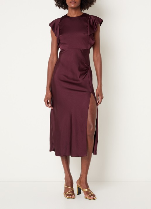 Claudie Pierlot Maxi jurk van satijn met split - detail 2 bordeauxrood