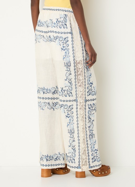Claudie Pierlot Mid waist wide fit palazzo broek met steekzakken en details van kant - achterkant 4 creme