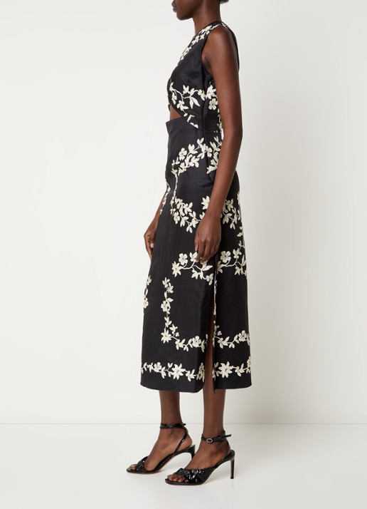 Claudie Pierlot Midi jurk in linnenblend met split en print - voorkant 4 zwart