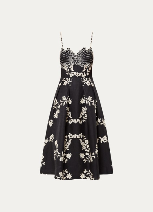 Claudie Pierlot Midi jurk met bloemenprint en borduring - voorkant 2 zwart