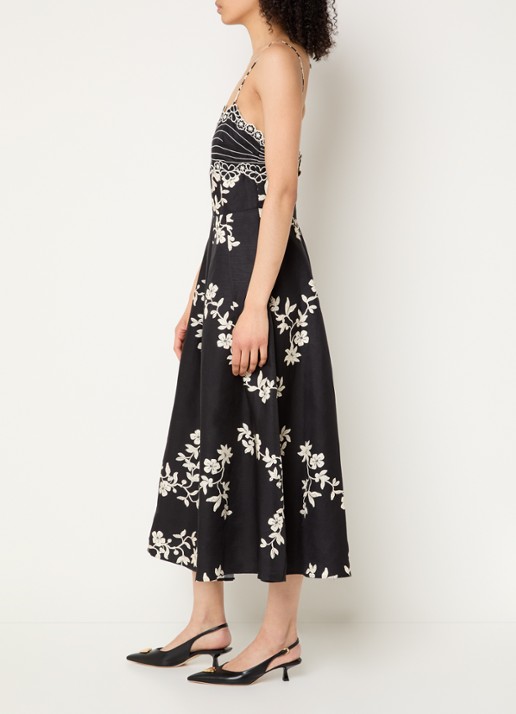 Claudie Pierlot Midi jurk met bloemenprint en borduring - voorkant 3 zwart