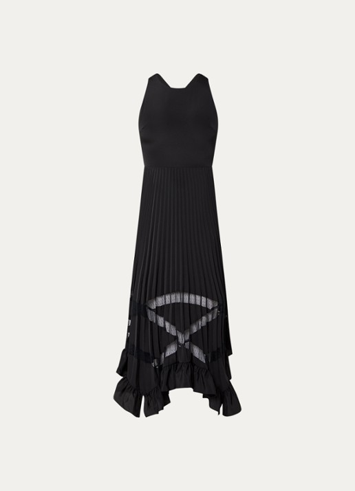 Claudie Pierlot Midi jurk met details van kant en plooien - voorkant 3 zwart
