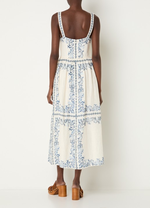 Claudie Pierlot Midi jurk van linnen met bloemenprint en steekzakken - achterkant 3 gebroken wit