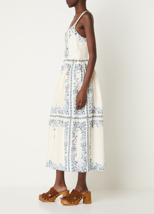 Claudie Pierlot Midi jurk van linnen met bloemenprint en steekzakken - voorkant 2 gebroken wit
