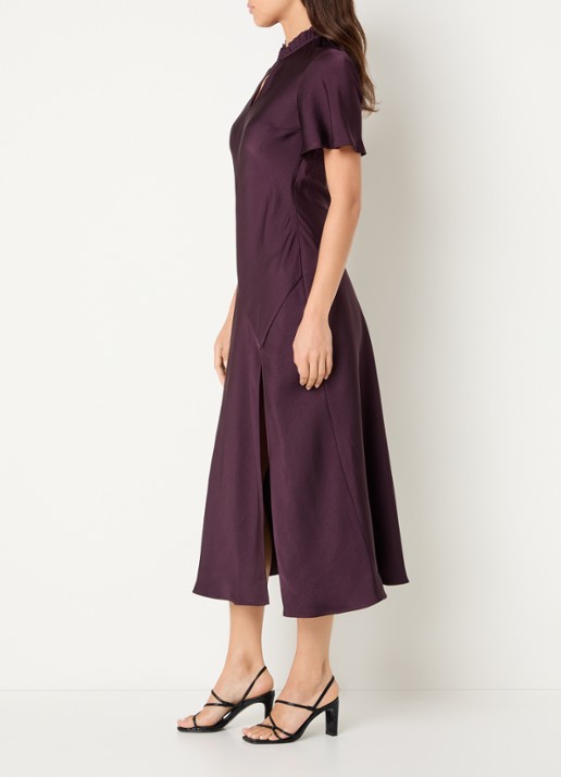 Claudie Pierlot Midi jurk van satijn met split - voorkant 2 aubergine