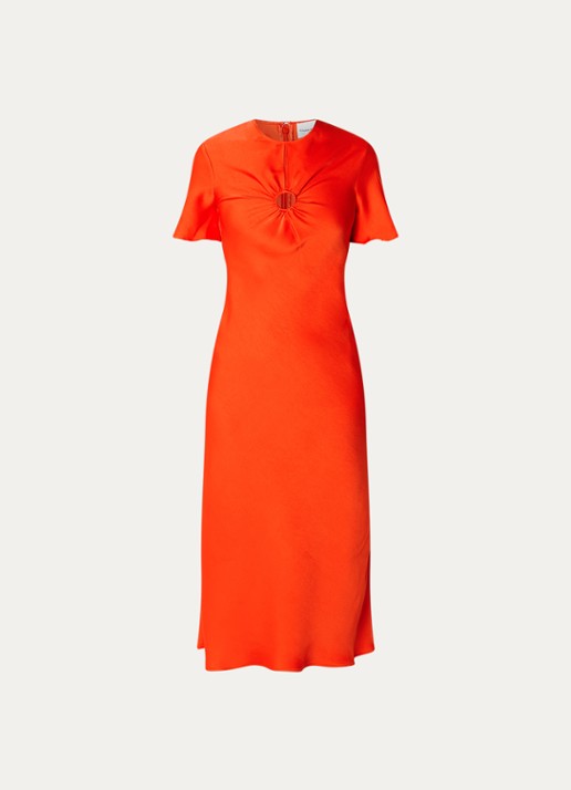Claudie Pierlot Midi jurk van satijn - voorkant 3 koraalrood