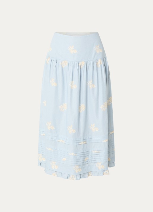 Claudie Pierlot Midi rok met bloemenprint - voorkant 2 lichtblauw