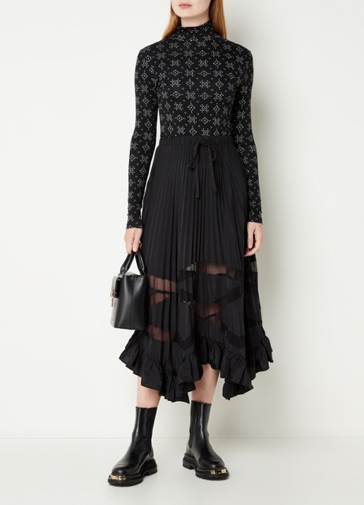 Claudie Pierlot Midi rok met plissé en volant - voorkant 4 zwart