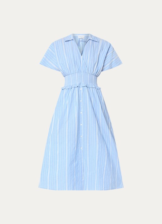 Claudie Pierlot Midi tuniekjurk met streepprint en smockwerk - voorkant lichtblauw