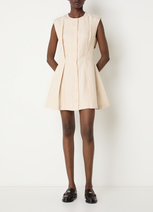 Claudie Pierlot Mini A-lijn jurk in linnenblend met streepprint - voorkant 4 zand