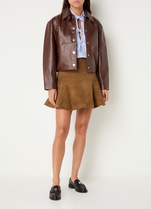 Claudie Pierlot Mini A-lijn rok van geitensuède - voorkant 3 camel