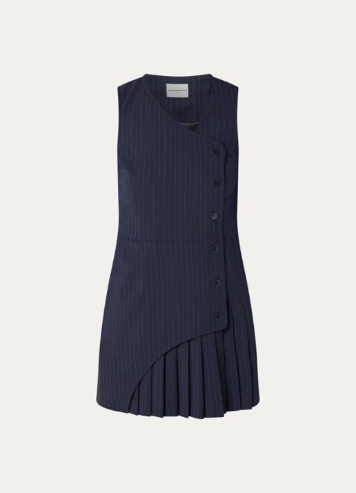 Claudie Pierlot Mini blazerjurk in wolblend met plooien en krijtstreep - voorkant 2 donkerblauw