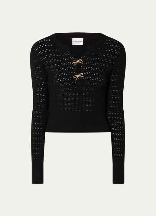 Claudie Pierlot Minivelle fijngebreide crop top met opengewerkt dessin - voorkant 2 zwart
