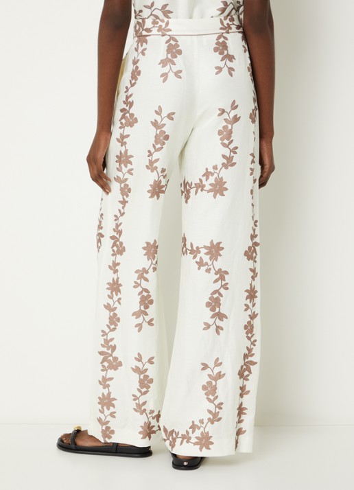 Claudie Pierlot Paulafleur high waist wide fit pantalon in linnenblend met bloemenprint - achterkant 3 bruin