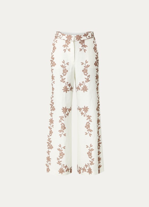 Claudie Pierlot Paulafleur high waist wide fit pantalon in linnenblend met bloemenprint - voorkant bruin