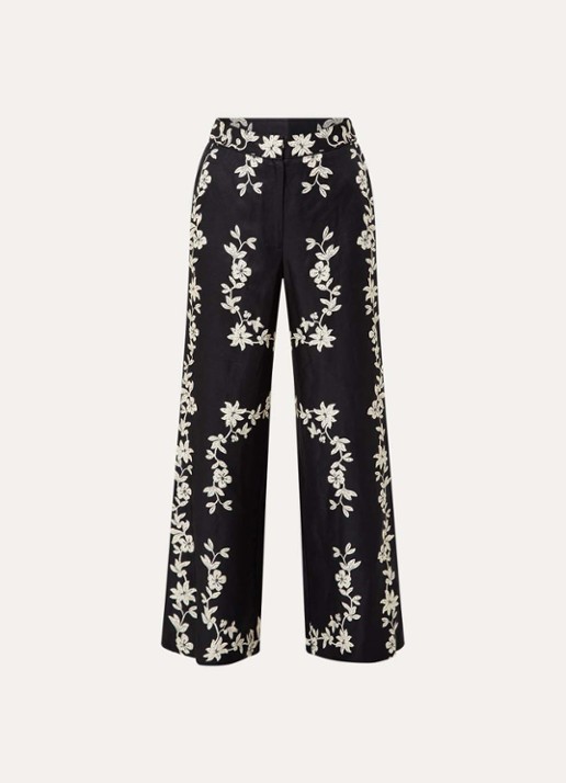 Claudie Pierlot Paulafleur high waist wide fit pantalon in linnenblend met bloemenprint - voorkant zwart