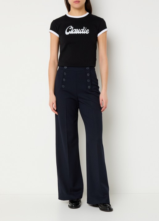Claudie Pierlot Paulie high waist wide fit pantalon met persplooi - voorkant 2 donkerblauw