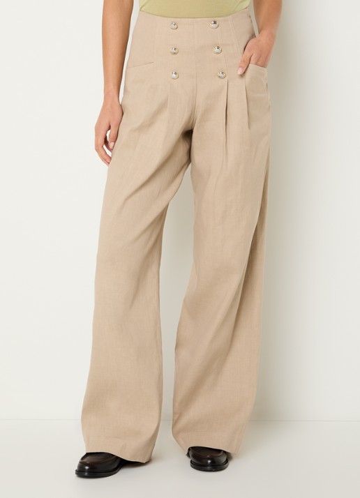 Claudie Pierlot Paulin high waist wide fit pantalon in linnenblend met sierknopen