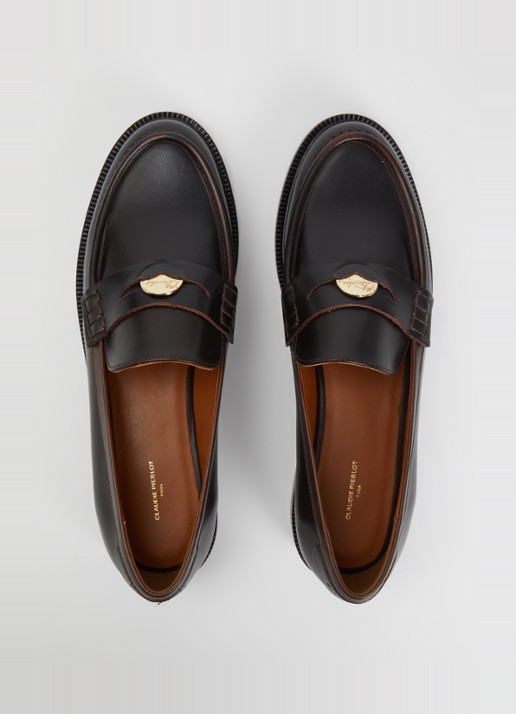 Claudie Pierlot Penny loafer van kalfsleer met logo - detail 3 donkerbruin