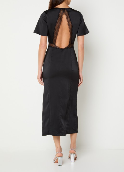 Claudie Pierlot Rama midi jurk van satijn met details van kant - voorkant 3 zwart