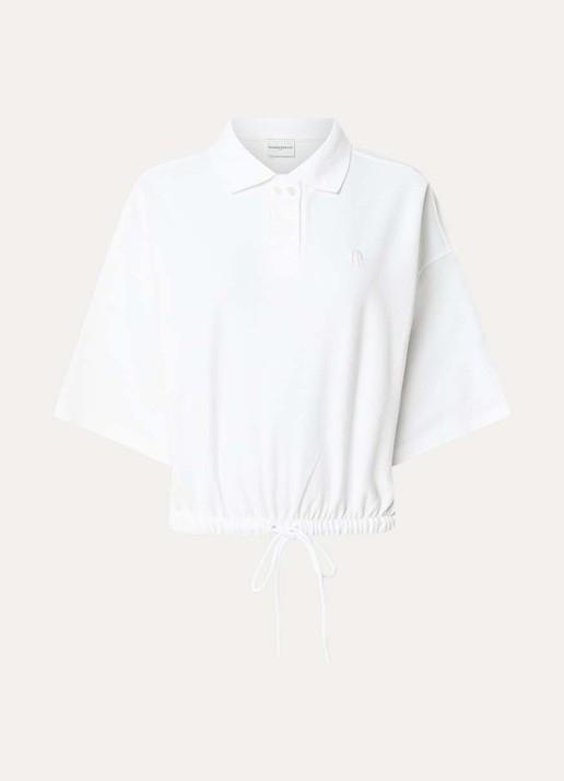 Claudie Pierlot Regular fit polo van piqué katoen met trekkoord - voorkant 2 gebroken wit